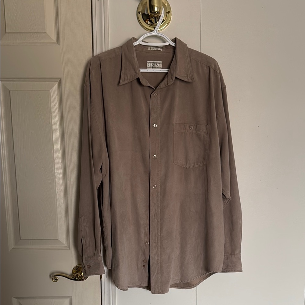 Men's Taupe Button-Up Shirt (Oversized Women’s Top)